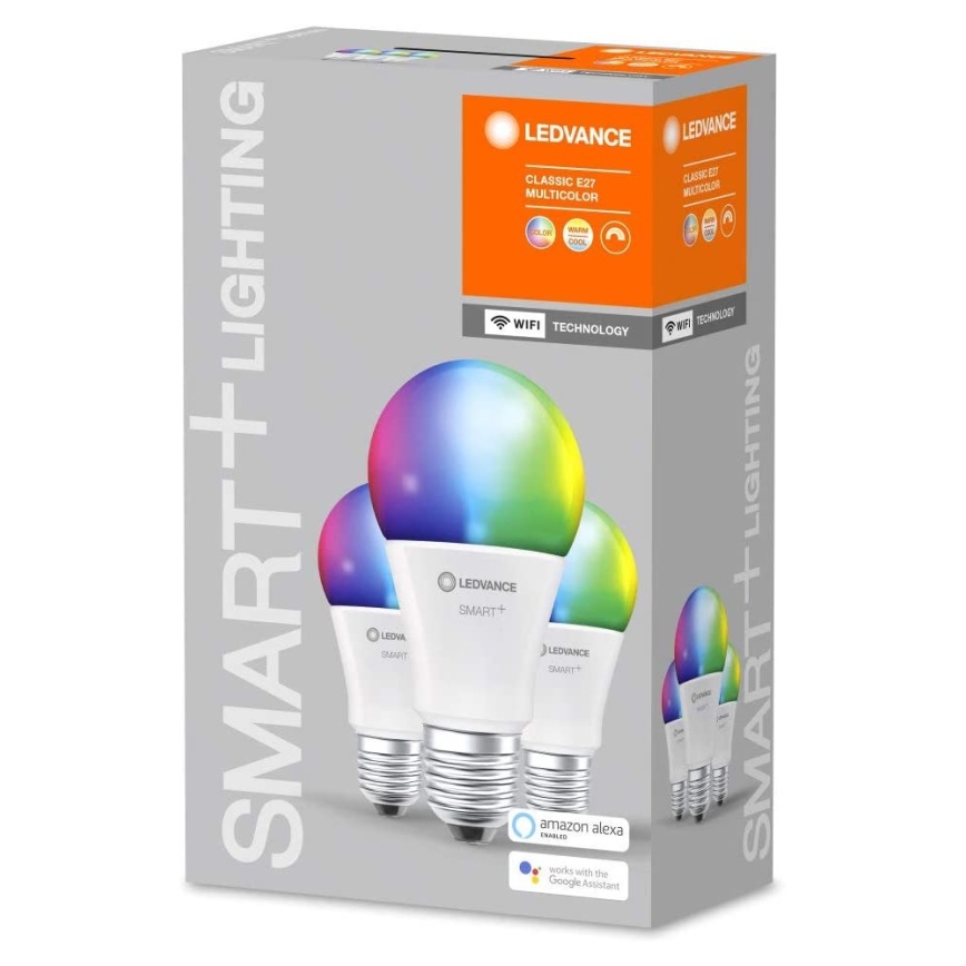 НАБОР 3x Светодиодная RGBW-лампочка с регулированием яркости SMART+ E27/9W/230V 2700K-6500K Wi-Fi - Ledvance