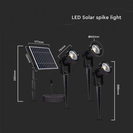 НАБОР 3x Светодиодная уличная лампа на солнечной батарее 3xLED/1,2W/3,7V IP65 3000K