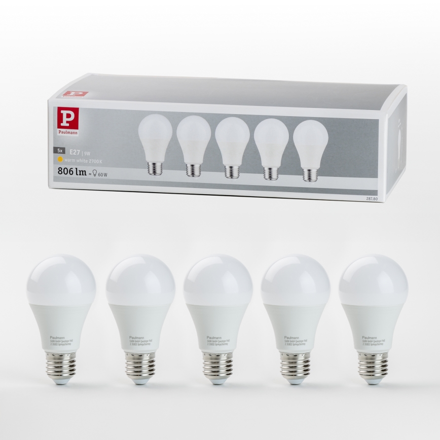 НАБОР 5x Светодиодная лампочка A60 E27/9W/230V 2700K - Paulmann 28780