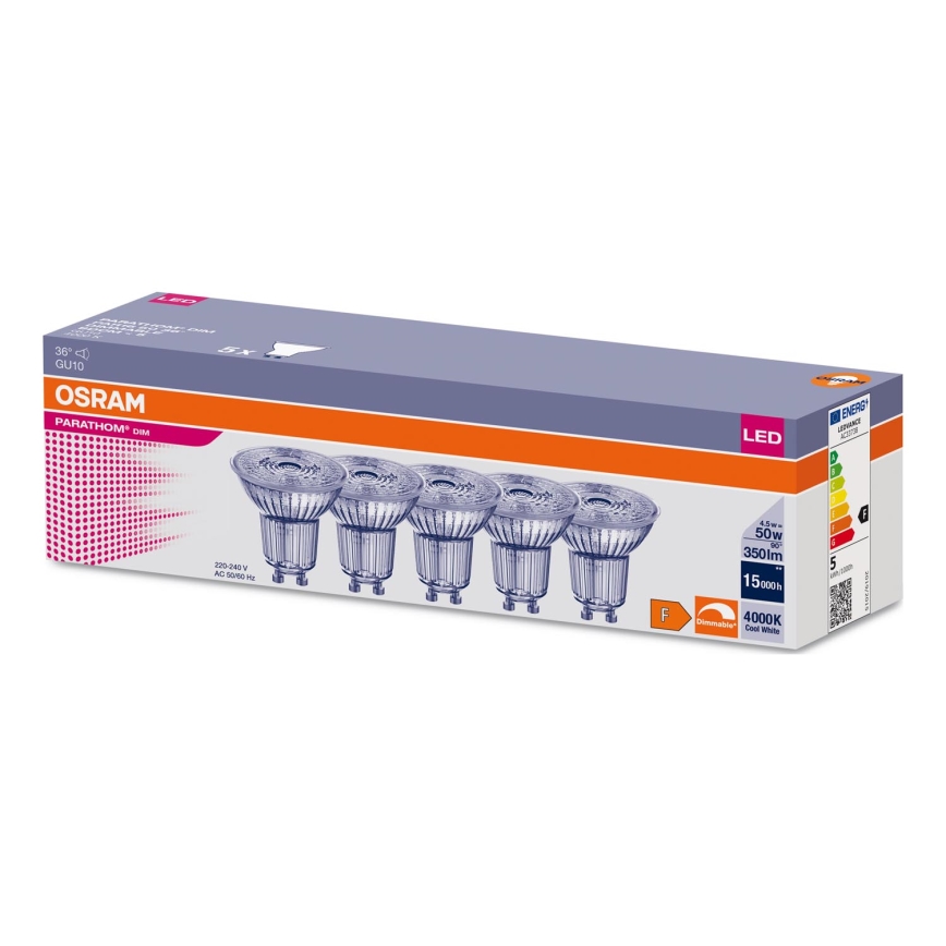 НАБОР 5x Светодиодная лампочка с регулированием яркости PAR16 GU10/4,5W/230V 4000K 36° - Osram
