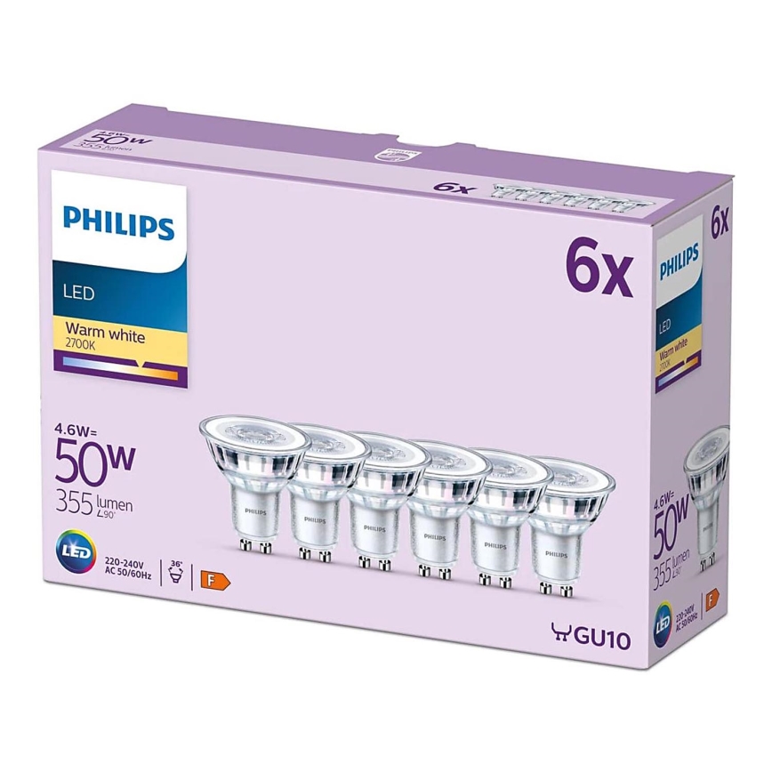 НАБОР 6x Светодиодная лампочка Philips GU10/4,6W/230V 2700K