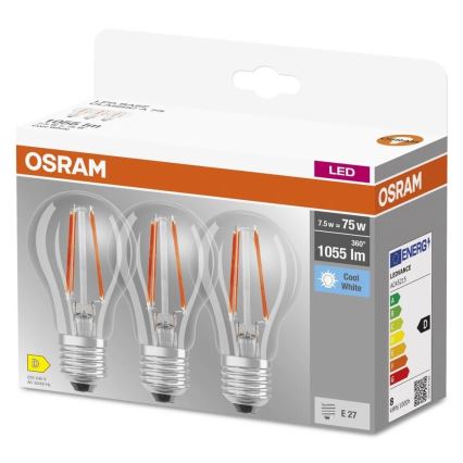 Набор из 3 светодиодных ламп BASE CLASSIC FILAMENT A60 E27/7,5W/230V 4000K - Osram