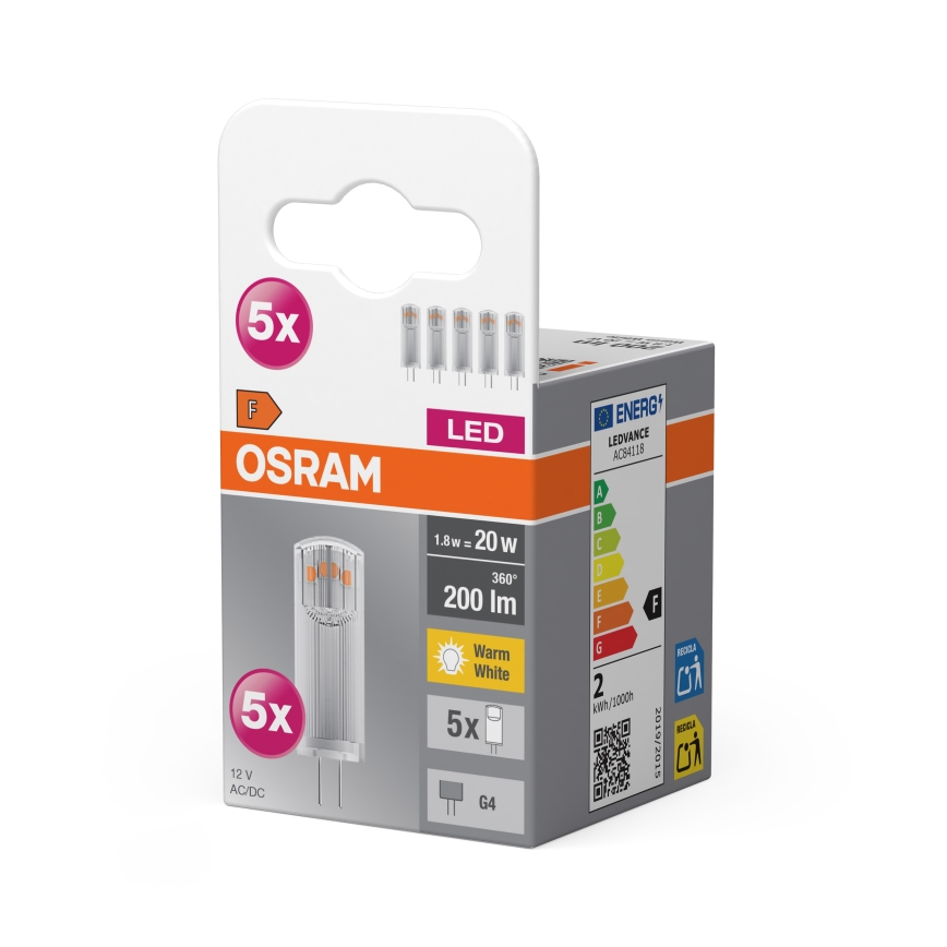 Набор из 5 светодиодных ламп G4 (PIN), 1,8 Вт/12 В, 2700K - Osram