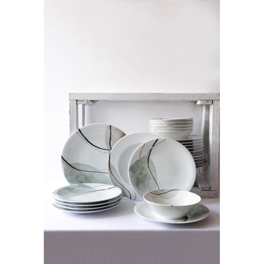 Набор столовой посуды, 24 шт., серый/зелёный, фарфор