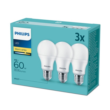 Набор 3x светодиодные лампочки Philips E27/9W/230V 2700K