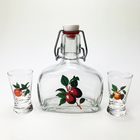 Набір 1x склянна пляшка і 2x чарки для шотів прозорий з мотивом фруктів