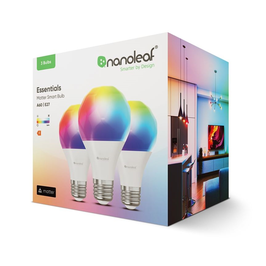 НАБОР 3x Светодиодная RGBW-лампочка с регулированием яркости ESSENTIALS A60 E27/8,5W/230V CRI 90 2700-6500K Wi-Fi - Nanoleaf
