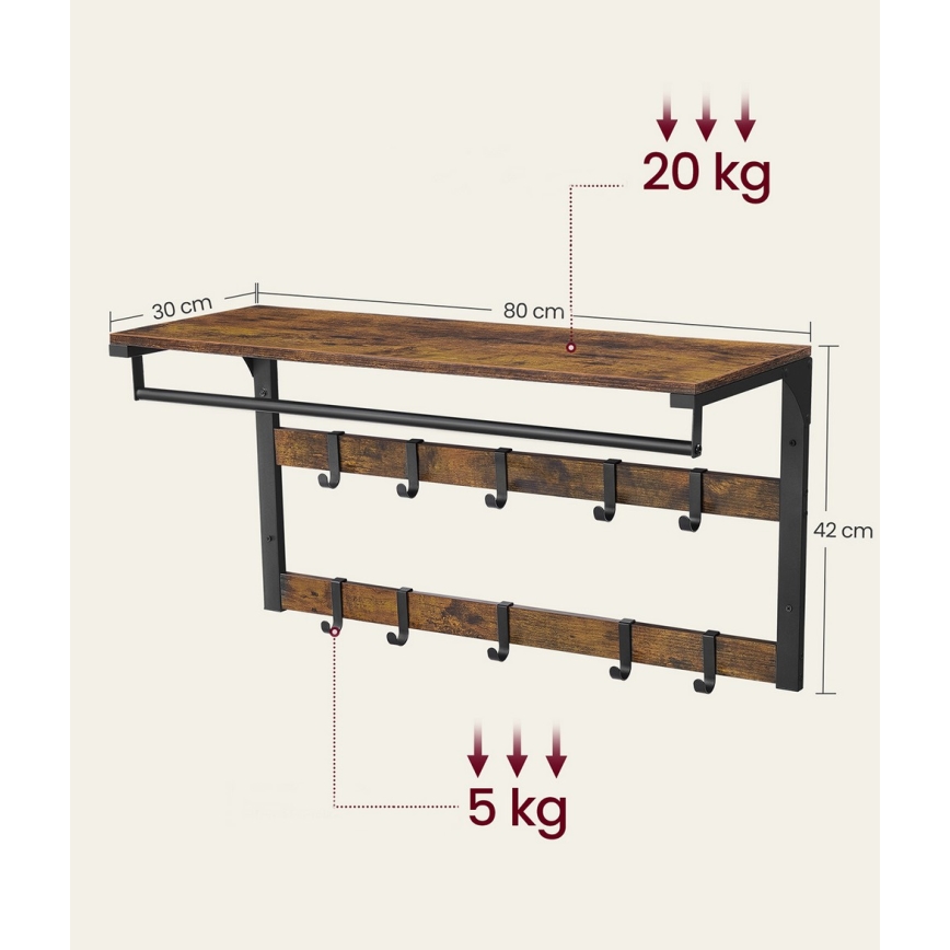 Настенная вешалка с полкой NATE, коричнево-чёрная