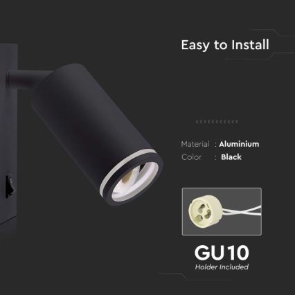 Настенный точечный светильник с выключателем 1xGU10/35W/230V черный