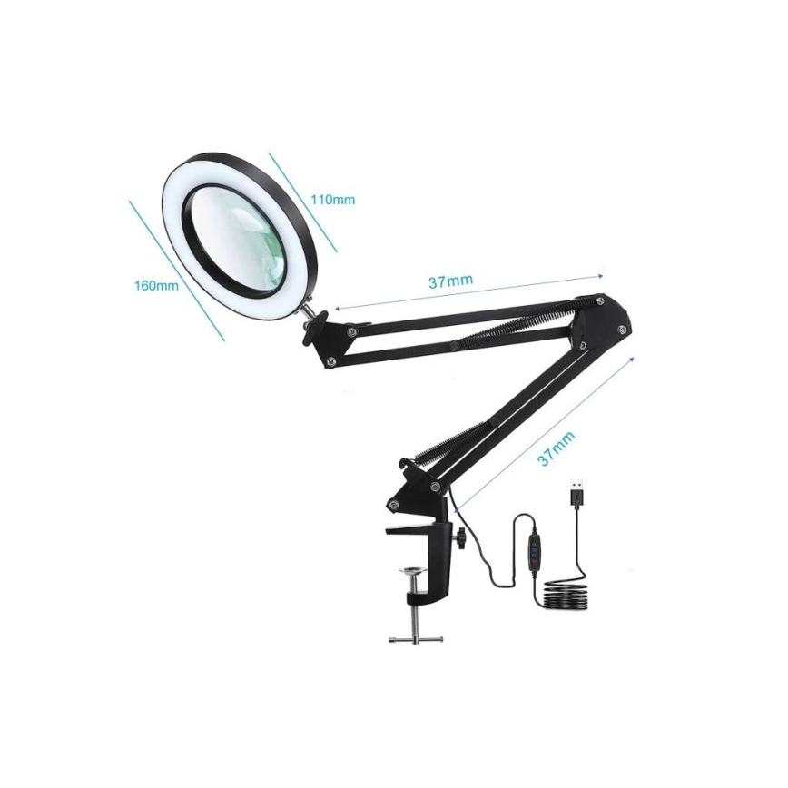 Світлодіодна регульована настільна лампа з лупою LED/22W/5V 4000-6000K чорна