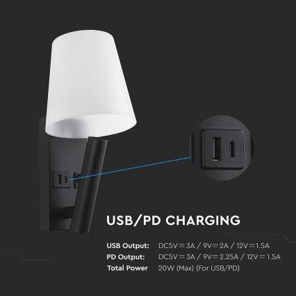 Настінна LED-лампа з USB-портом LED/2W/230V 3000K чорна/біла
