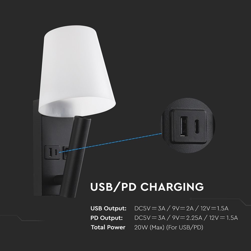 Настінна LED-лампа з USB-портом LED/2W/230V 3000K чорна/біла