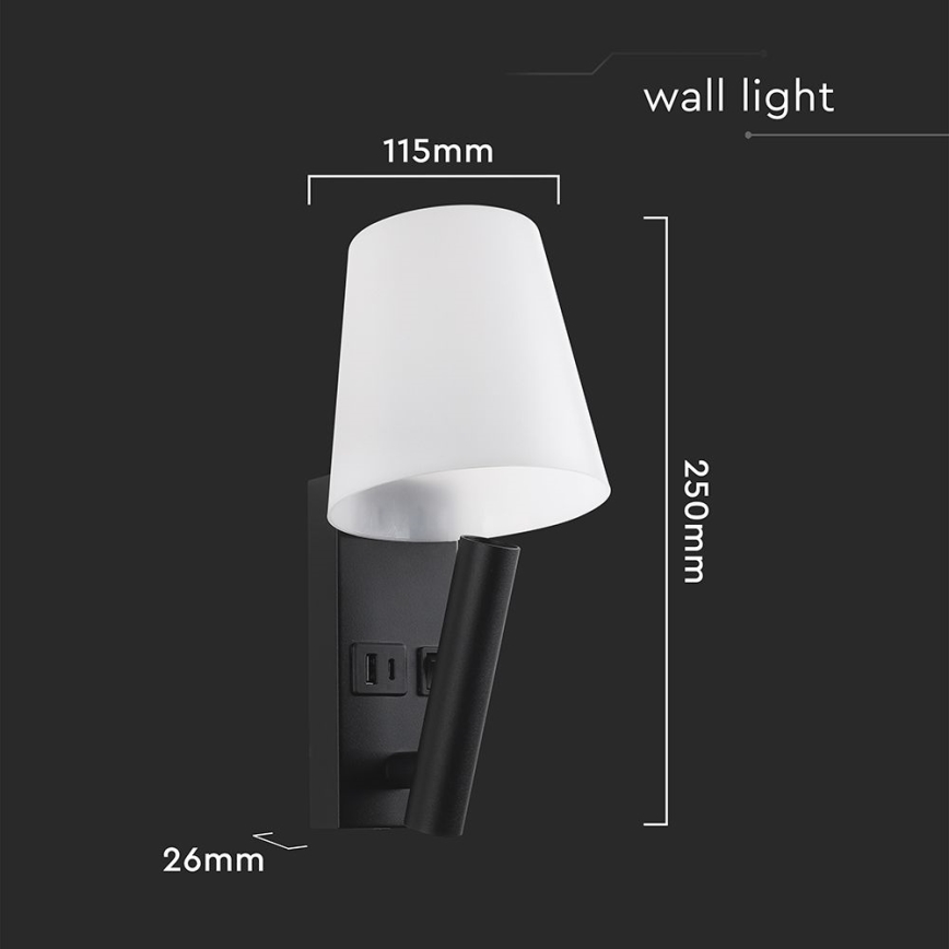 Настінна LED-лампа з USB-портом LED/2W/230V 3000K чорна/біла
