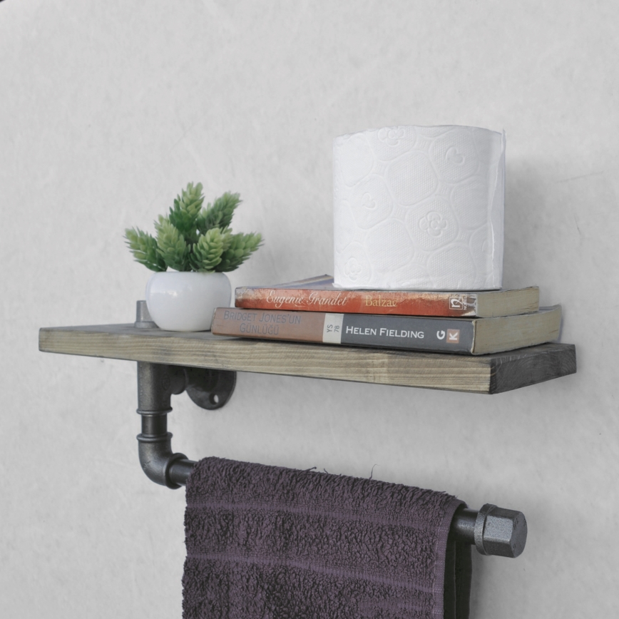 Настінна полиця з тримачем рушників BORURAF 16x40 см ялина/чорний