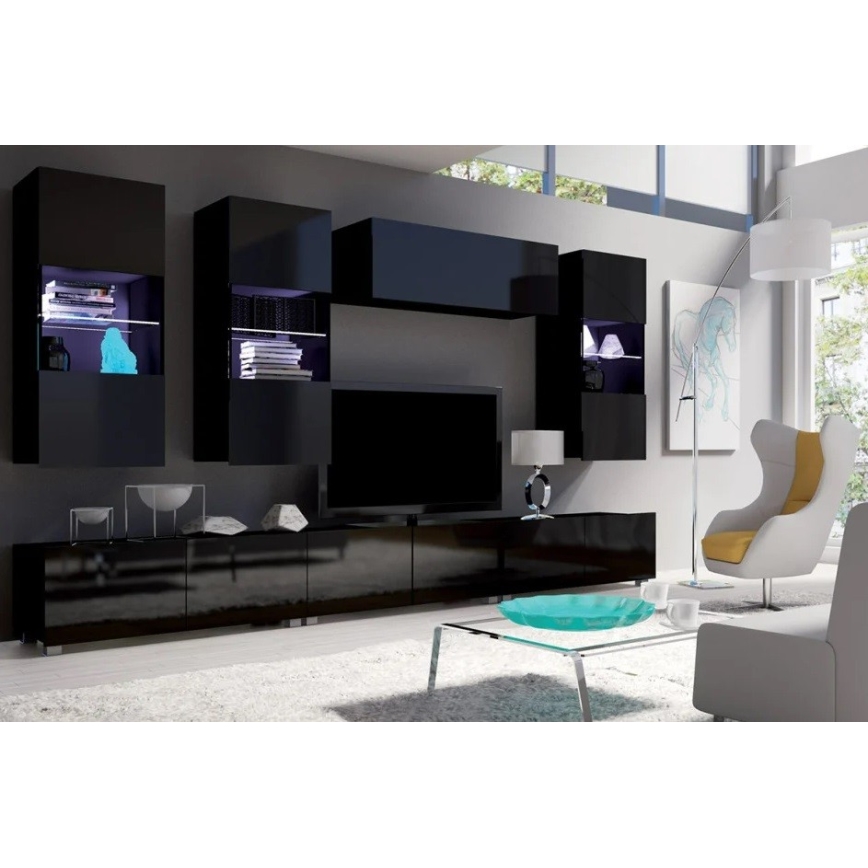 Настінна шафа зі світлодіодною підсвіткою PAVO 117x45 см глянцевий чорний