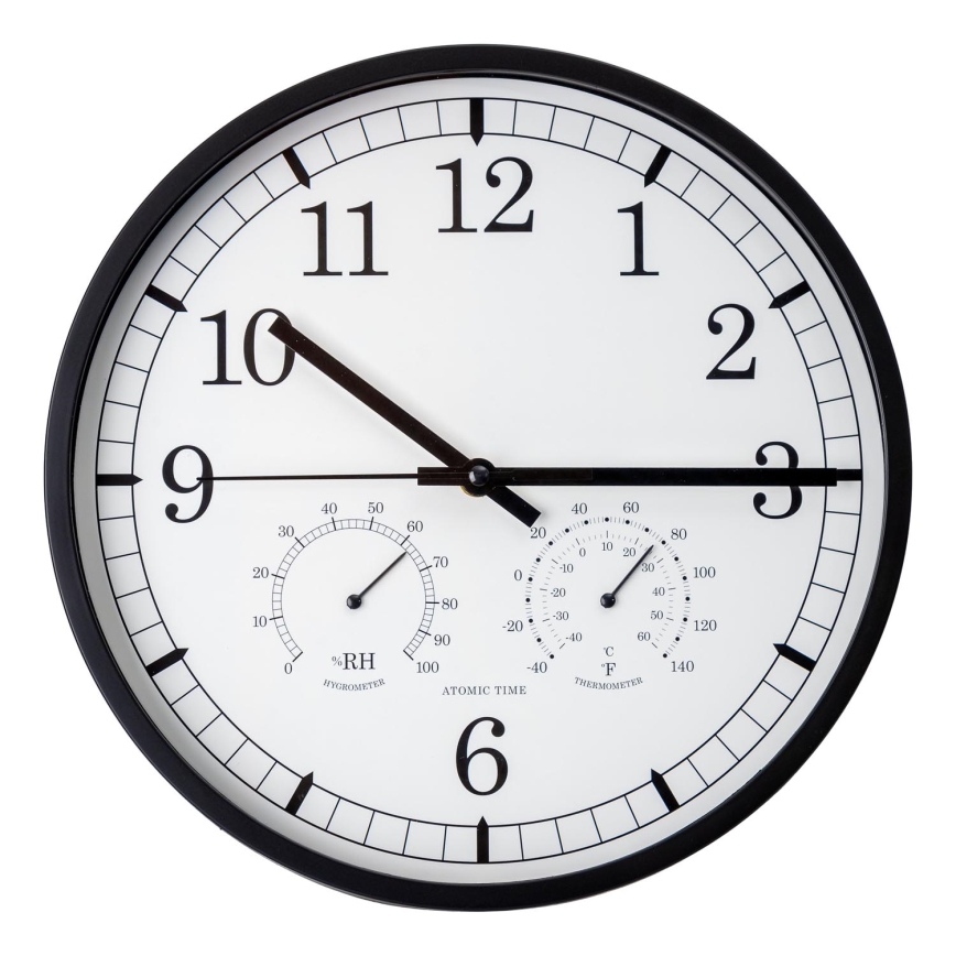 Настінний годинник з термометром та гігрометром діаметром 30 см 1xAA чорний/білий