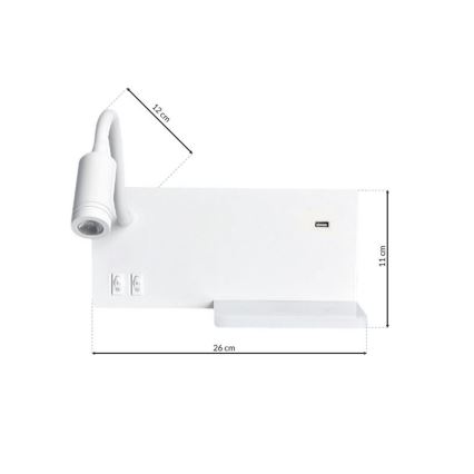 Настінний LED світильник SHELF 1xLED/4W+1xLED/5W+1xLED/2W/230V + USB-порт білий