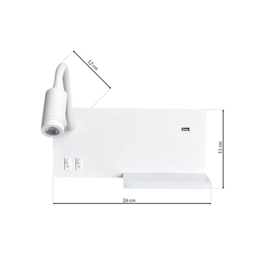 Настінний LED світильник SHELF 1xLED/4W+1xLED/5W+1xLED/2W/230V + USB-порт білий