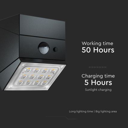 LED настінний сонячний світильник з датчиком LED/2,5W/3,7V 3000/4000/6000K IP65 1200 mAh чорний