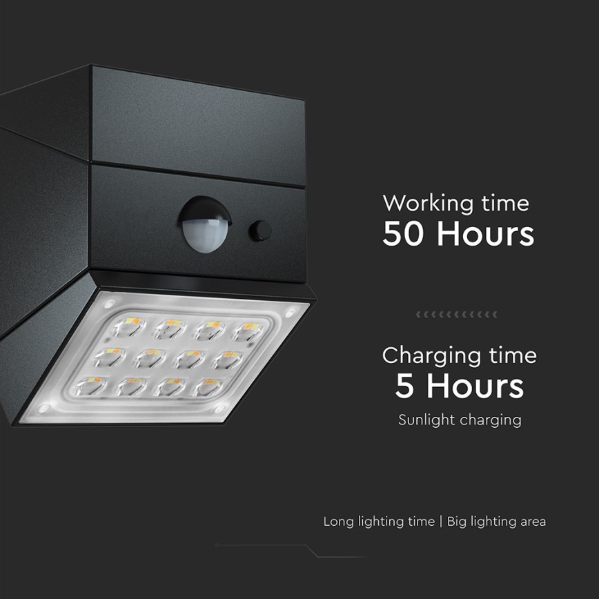 LED настінний сонячний світильник з датчиком LED/2,5W/3,7V 3000/4000/6000K IP65 1200 mAh чорний