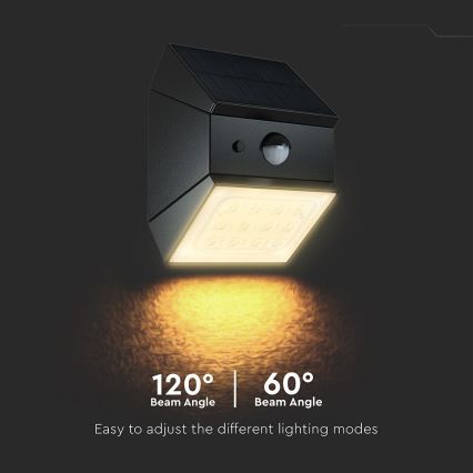 LED настінний сонячний світильник з датчиком LED/2,5W/3,7V 3000/4000/6000K IP65 1200 mAh чорний