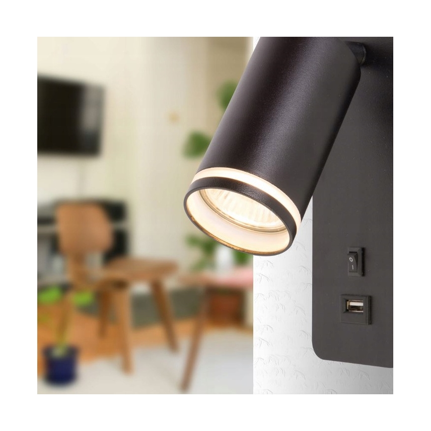 Настінний точковий світильник із USB зарядкою 1xGU10/35W/230V чорний