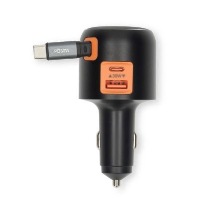 Автомобільний зарядний пристрій з втягуваним кабелем Power Delivery 30W 2xUSB-C + 1xUSB-A