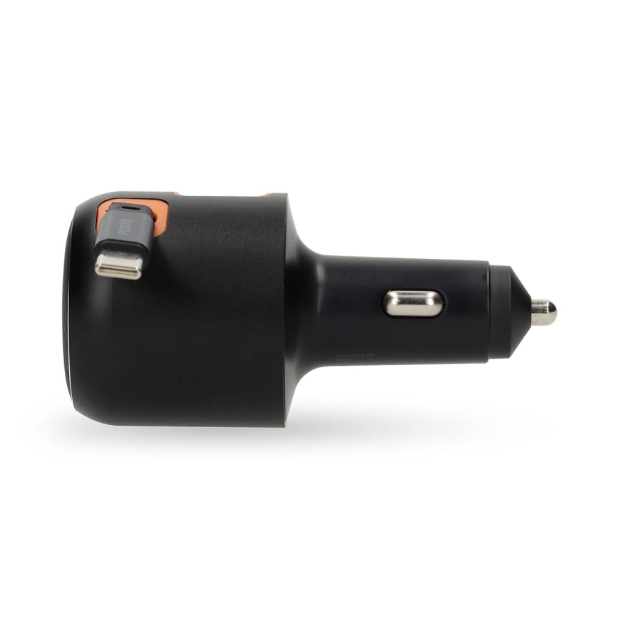 Автомобільний зарядний пристрій з втягуваним кабелем Power Delivery 30W 2xUSB-C + 1xUSB-A