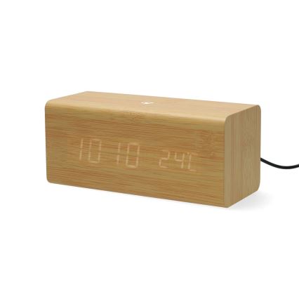 Цифровой будильник с LED-дисплеем и термометром, питание 5V/1xCR2032, деревянный корпус