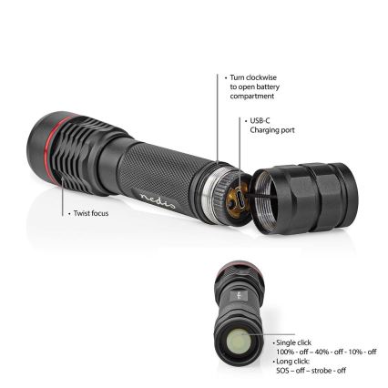 Перезаряжаемый алюминиевый LED-фонарь с регулировкой яркости LED/10W/5V 2200 mAh IPX7 чёрный