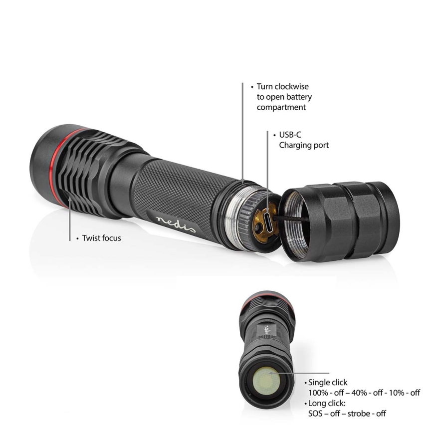 Перезаряжаемый алюминиевый LED-фонарь с регулировкой яркости LED/10W/5V 2200 mAh IPX7 чёрный
