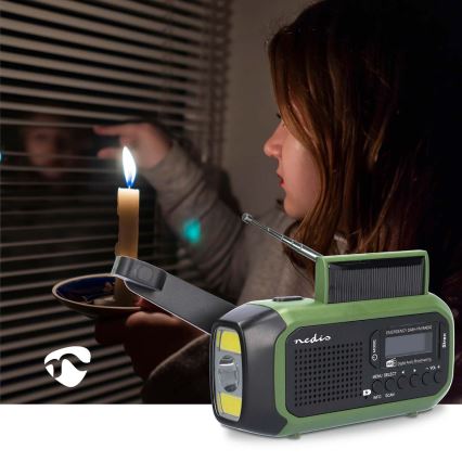 Радіо DAB+/FM із ручним генератором, сонячною панеллю та LED-ліхтарем 5V/2500 mAh, зелений/чорний