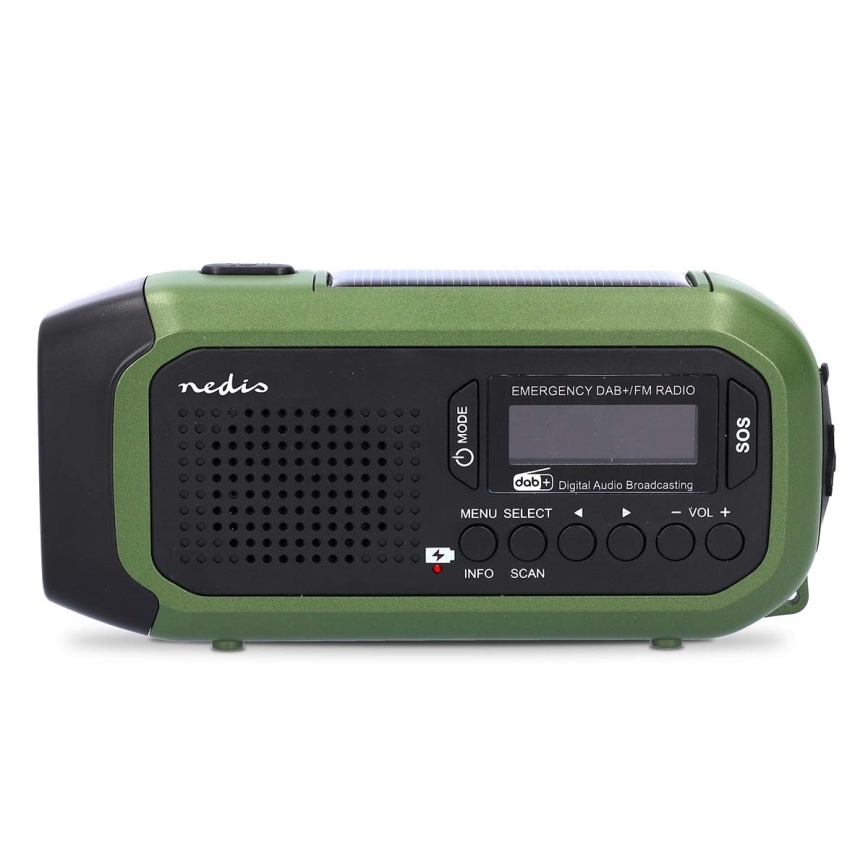 Радіо DAB+/FM із ручним генератором, сонячною панеллю та LED-ліхтарем 5V/2500 mAh, зелений/чорний