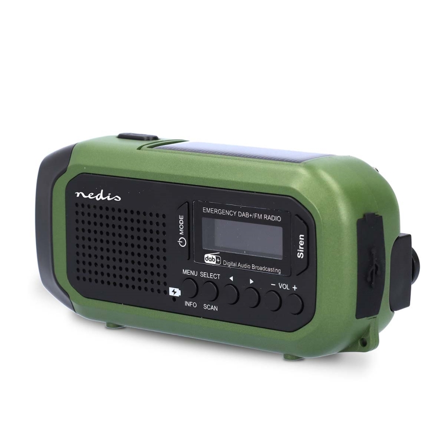 Радіо DAB+/FM із ручним генератором, сонячною панеллю та LED-ліхтарем 5V/2500 mAh, зелений/чорний