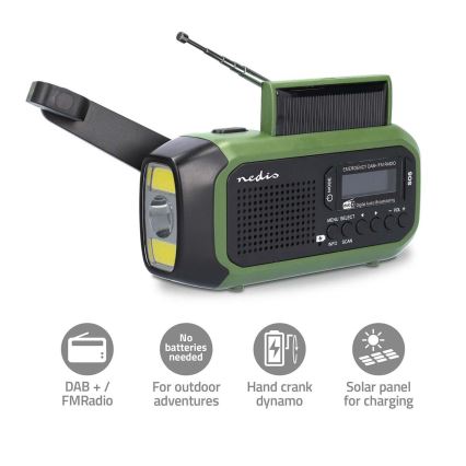 Радіо DAB+/FM із ручним генератором, сонячною панеллю та LED-ліхтарем 5V/2500 mAh, зелений/чорний