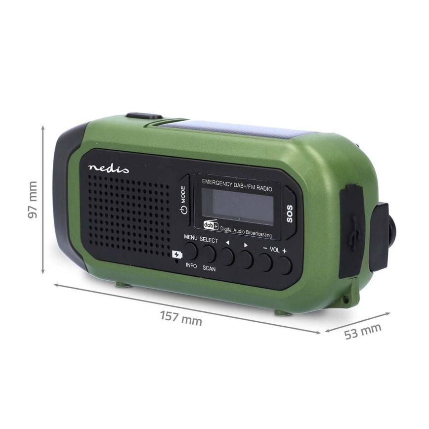 Радіо DAB+/FM із ручним генератором, сонячною панеллю та LED-ліхтарем 5V/2500 mAh, зелений/чорний