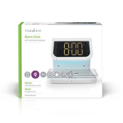 Nedis WCACQ10W1WT - Будильник со светодиодной подсветкой RGB и беспроводной зарядкой LED/10W/230V белый