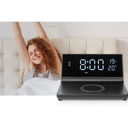 Будильник з LCD-дисплеєм та бездротовою зарядкою 15W/5V + 1xCR2032 чорний