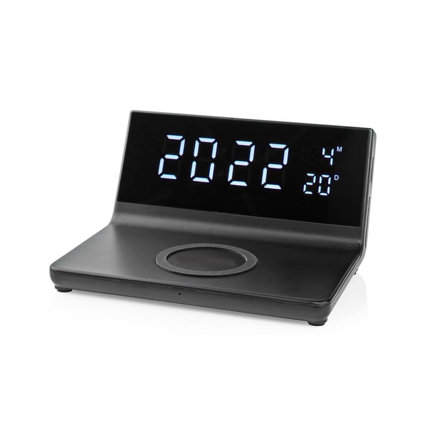 Будильник з LCD-дисплеєм та бездротовою зарядкою 15W/5V + 1xCR2032 чорний