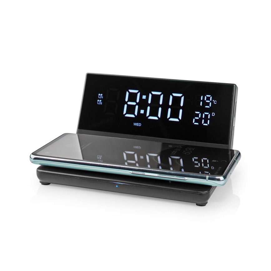 Будильник з LCD-дисплеєм та бездротовою зарядкою 15W/5V + 1xCR2032 чорний