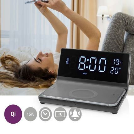 Будильник з РК-дисплеєм і бездротовим зарядним пристроєм 15W/230V + 1xCR2032 чорний