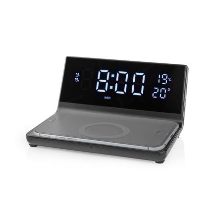 Будильник з РК-дисплеєм і бездротовим зарядним пристроєм 15W/230V + 1xCR2032 чорний