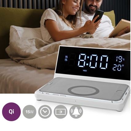 Будильник с LCD-дисплеем и беспроводной зарядкой 15W/230V белый