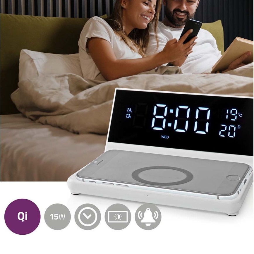 Будильник с LCD-дисплеем и беспроводной зарядкой 15W/230V белый