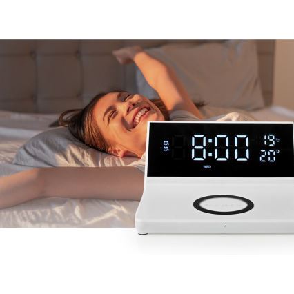 Будильник с LCD-дисплеем и беспроводной зарядкой 15W/230V белый