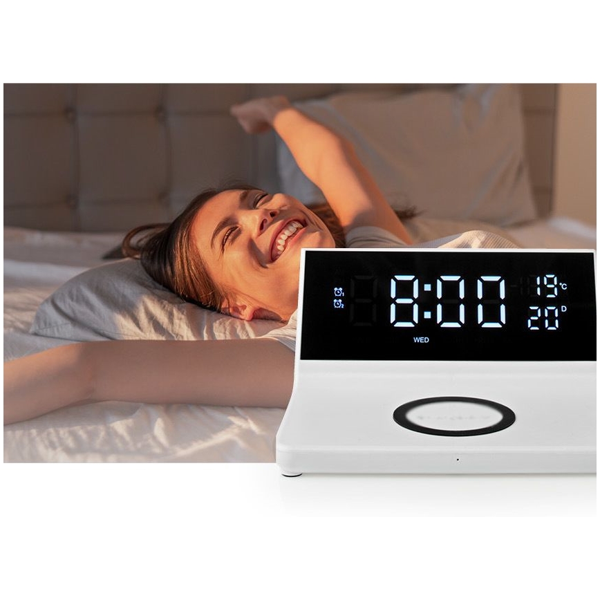 Будильник с LCD-дисплеем и беспроводной зарядкой 15W/230V белый