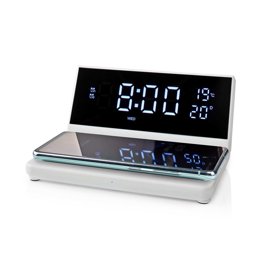 Будильник с LCD-дисплеем и беспроводной зарядкой 15W/230V белый