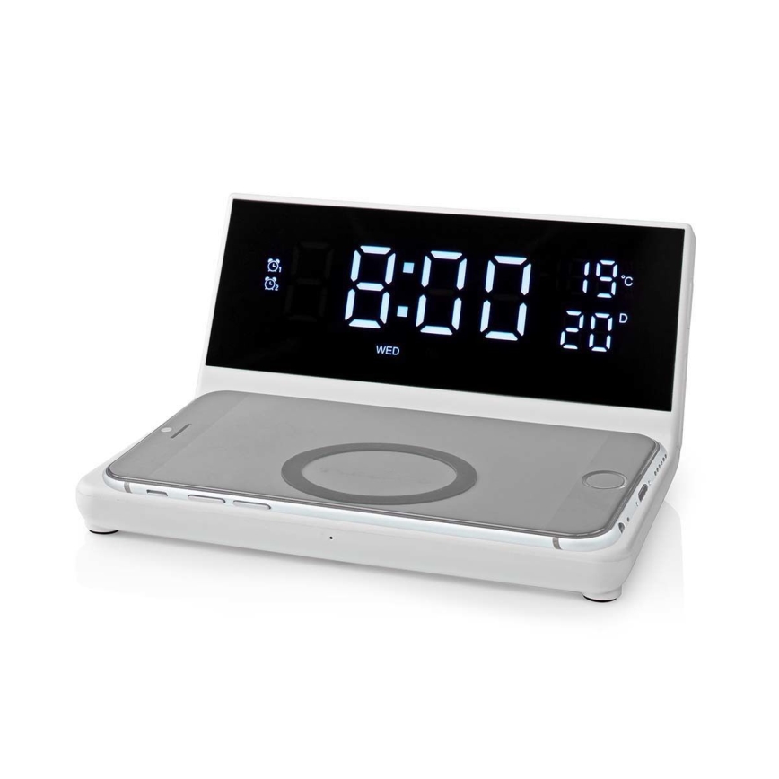 Будильник с LCD-дисплеем и беспроводной зарядкой 15W/230V белый
