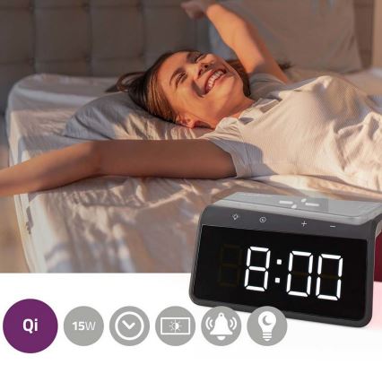 Будильник с LCD-дисплеем и беспроводной зарядкой 15W/230V черный