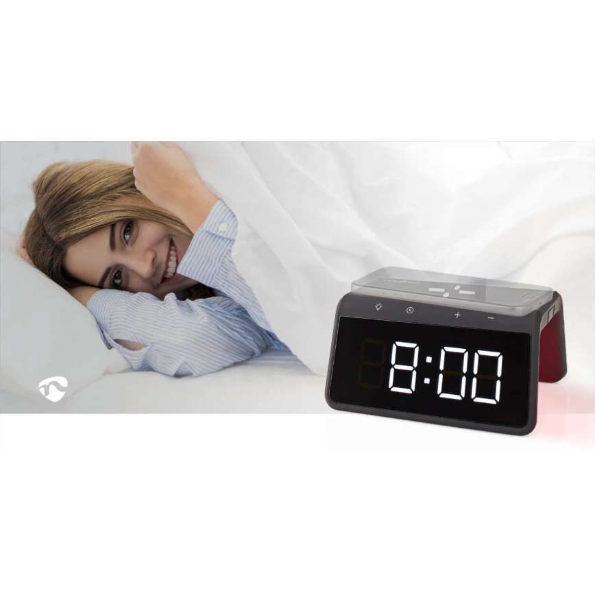 Будильник с LCD-дисплеем и беспроводной зарядкой 15W/230V черный